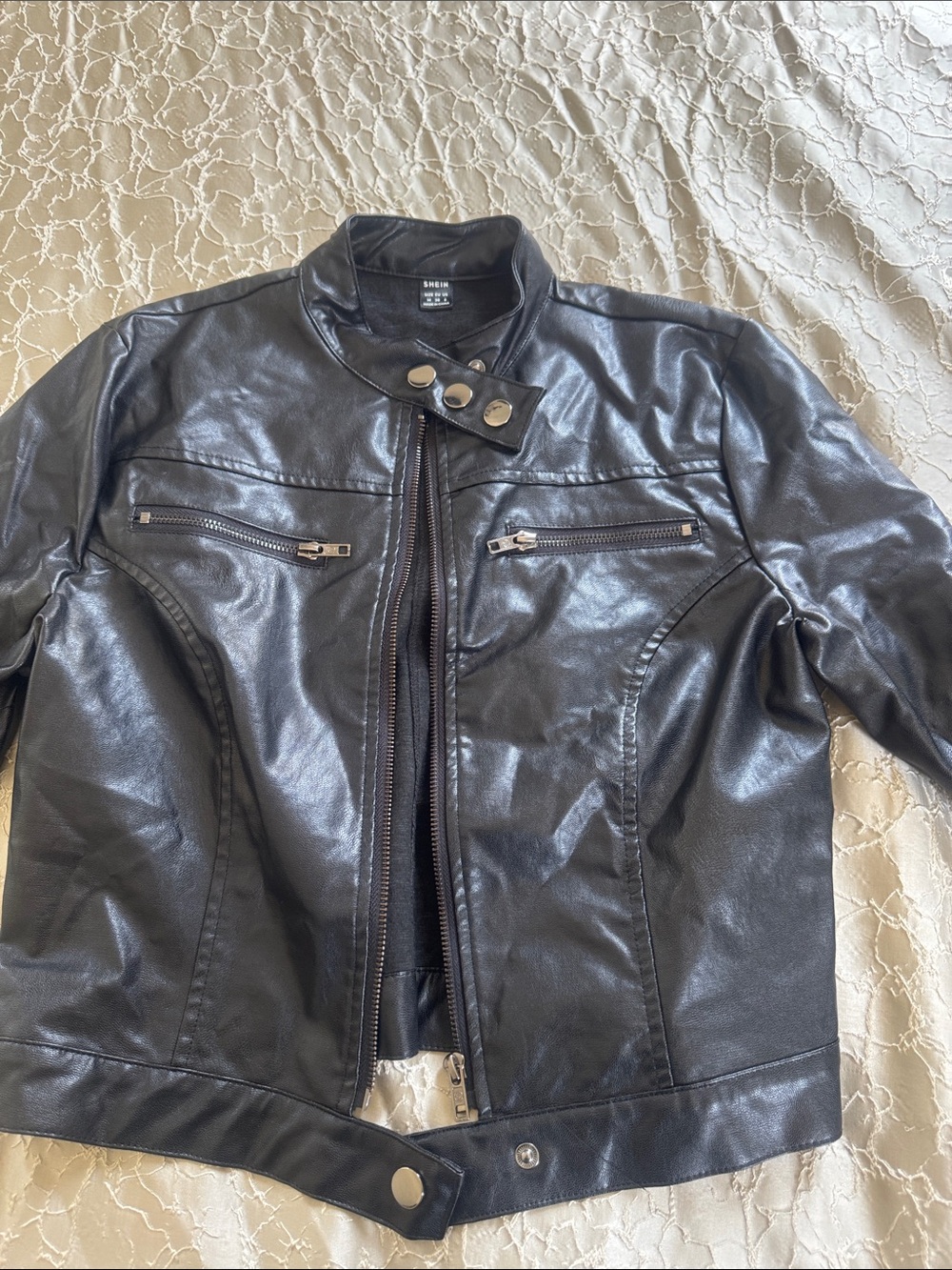 SHEIN Black Faux Leather Bomber Jacket with Zip Pockets